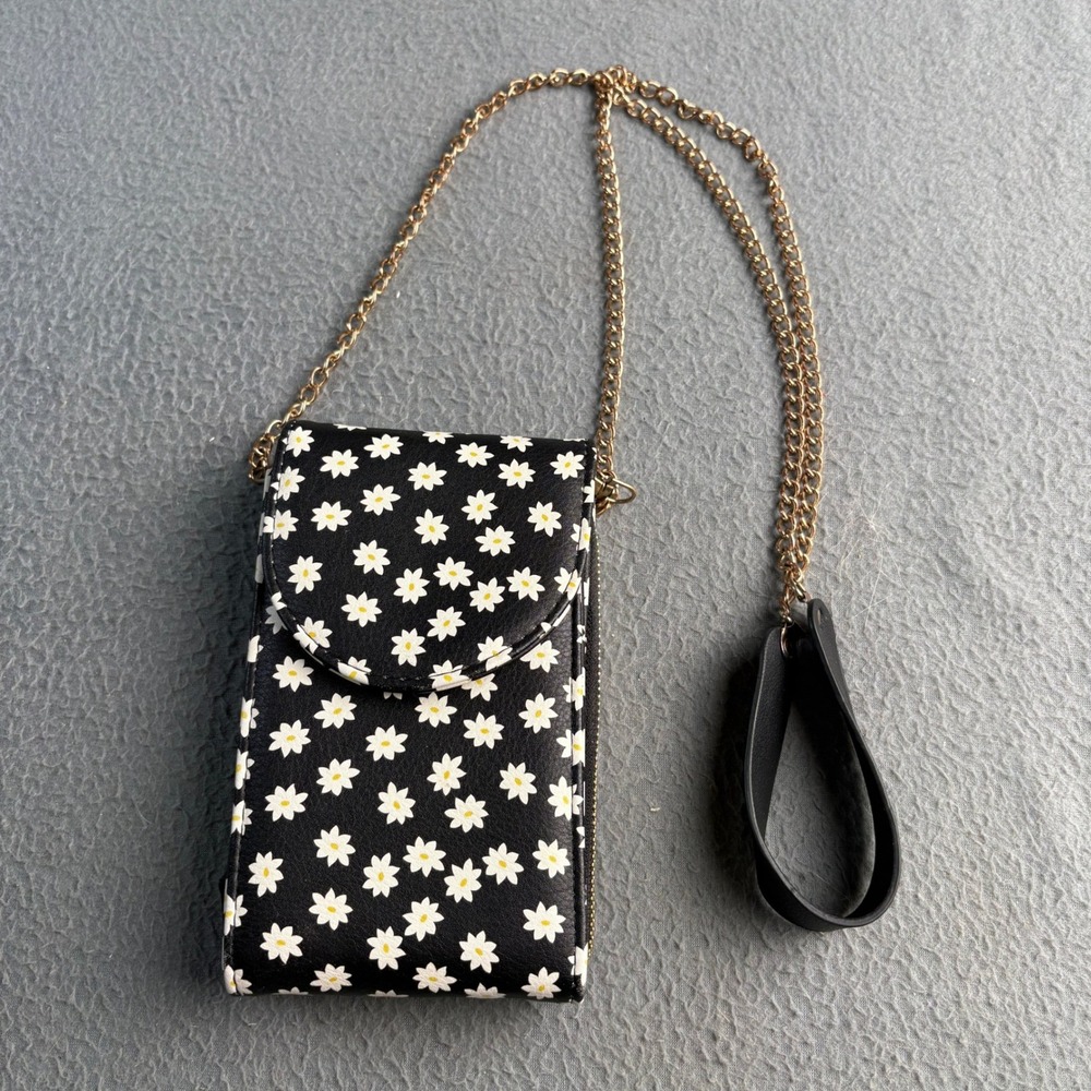 Black Daisy Floral Crossbody Phone Bag Wallet with Gold Chain Strap